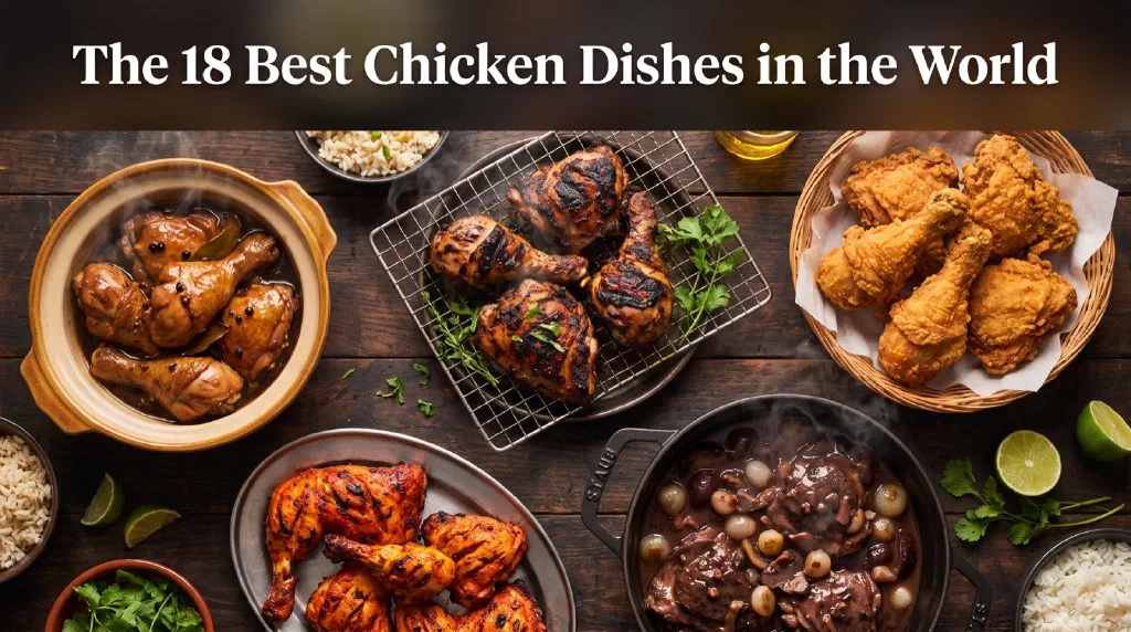 Famous chicken dishes from around the world on a rustic table
