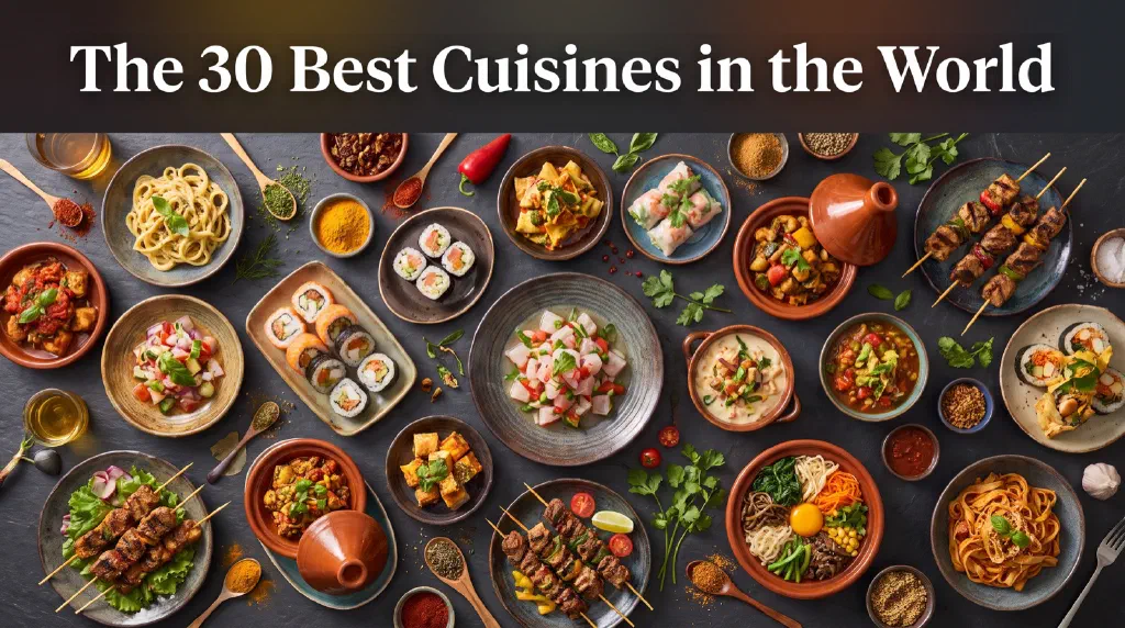 Colourful spread of dishes from the world's greatest cuisines on a wooden table