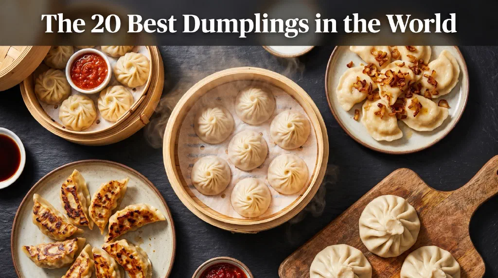 Assorted dumplings from around the world in steamer baskets and plates