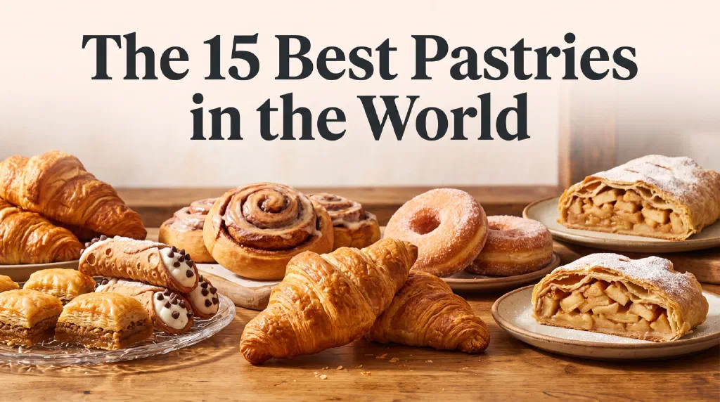 Famous pastries from around the world in a golden bakery display