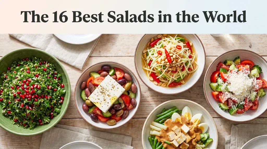 Colourful traditional salads from around the world in bowls