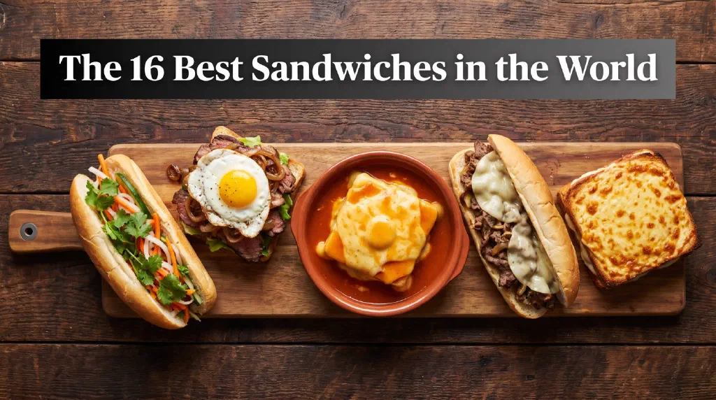 Famous sandwiches from around the world stacked on a wooden board