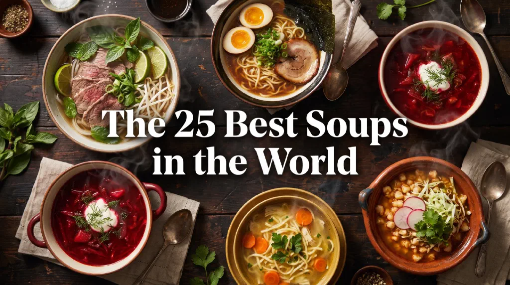 Steaming bowls of famous soups from around the world