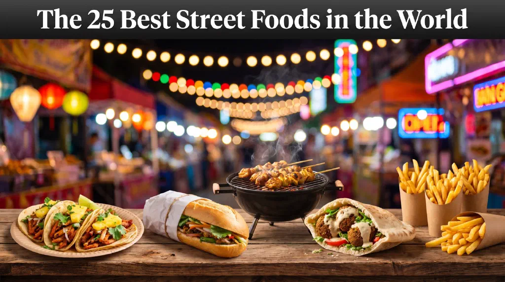 Vibrant street food dishes from around the world on a market stall
