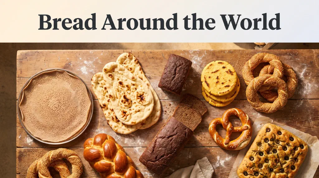 Traditional breads from around the world on a rustic baker's table