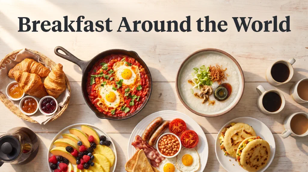 Breakfast dishes from around the world arranged on a bright morning table