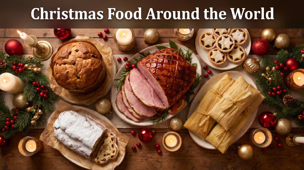Festive Christmas dishes from around the world on a candlelit holiday table