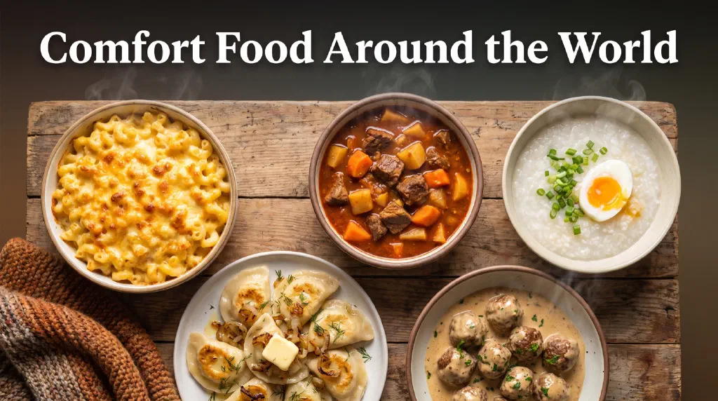 Cozy comfort food dishes from around the world in rustic bowls