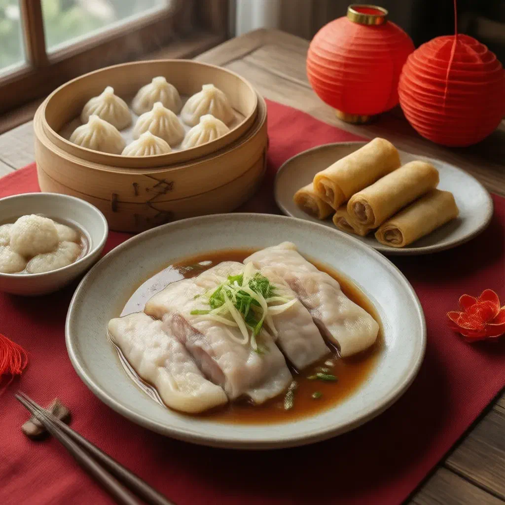 Chinese New Year table with jiaozi in a bamboo steamer, steamed fish, spring rolls and rice balls