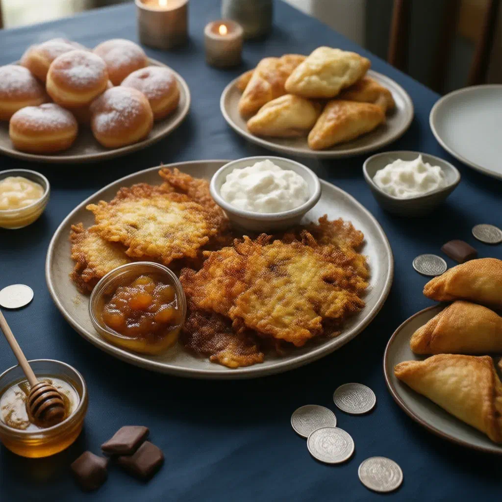 Hanukkah table with potato latkes, apple sauce, jam doughnuts, cheese bourekas and candlelight