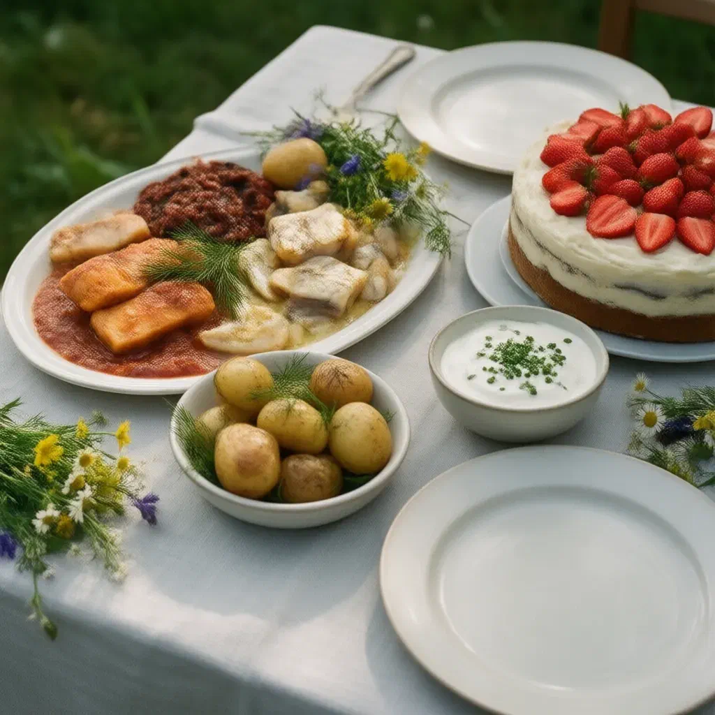 Swedish Midsummer table with pickled herring, new potatoes with dill, sour cream and strawberry cake