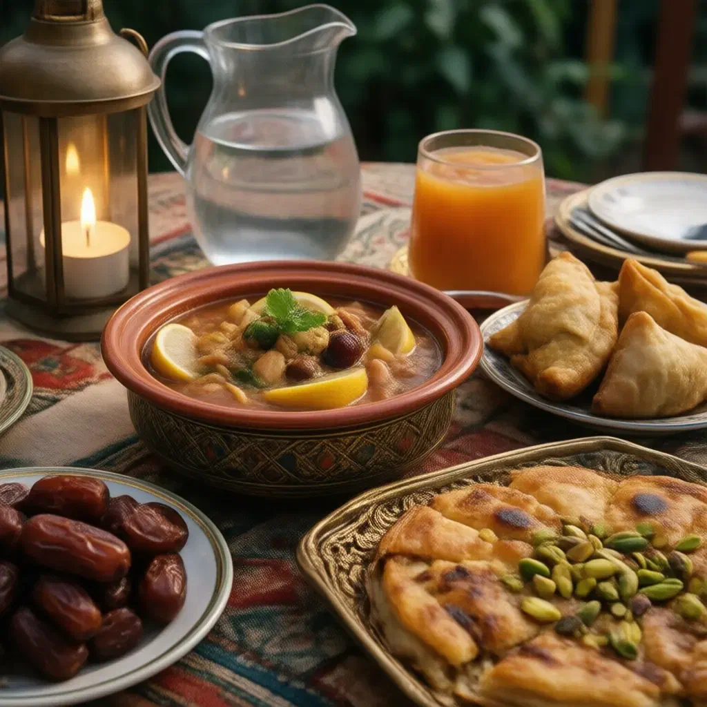 Iftar table at dusk with harira soup, fresh dates, samosas, qatayef and a brass lantern