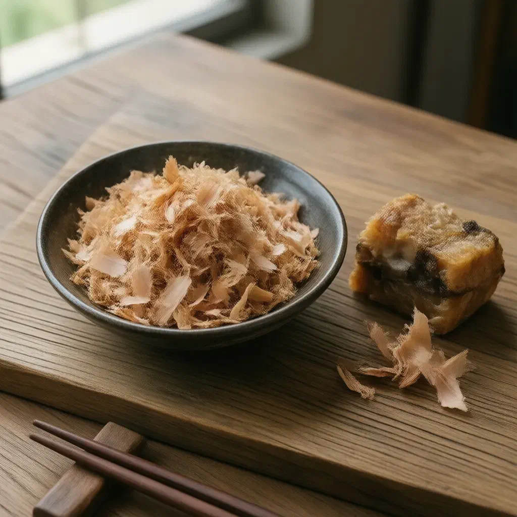 Bowl of thin bonito flakes beside a dried bonito block with curled shavings and chopsticks