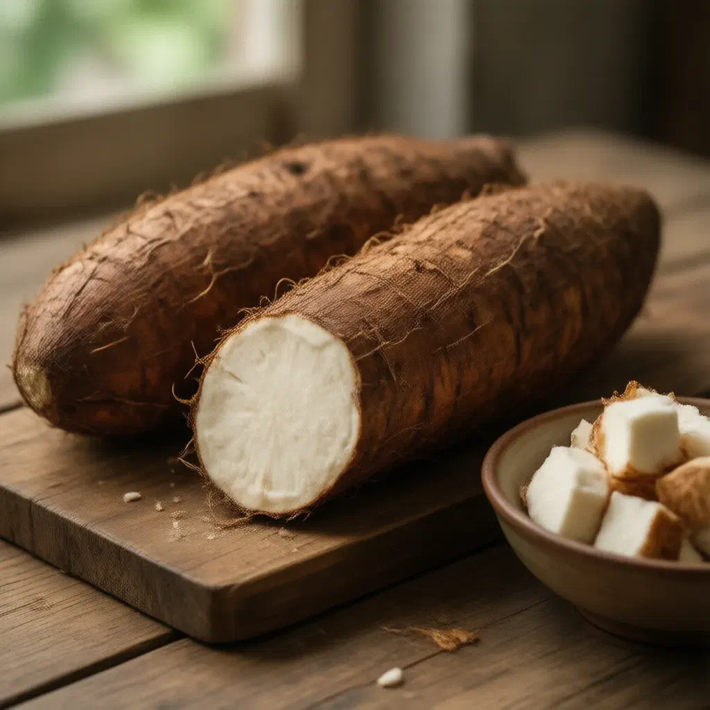 Two whole cassava roots, one cut open to show white flesh, and peeled chunks in a clay bowl