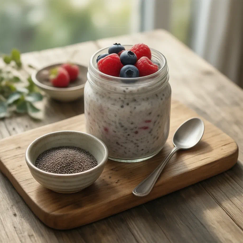 Jar of chia pudding topped with raspberries and blueberries beside a bowl of dry chia seeds