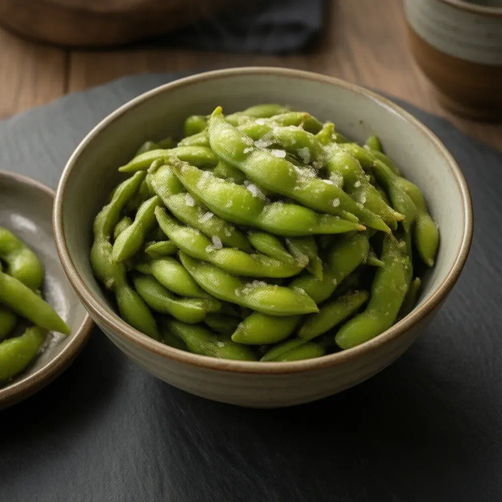 Bowl of boiled green edamame pods with sea salt flakes and a dish of empty pods on slate
