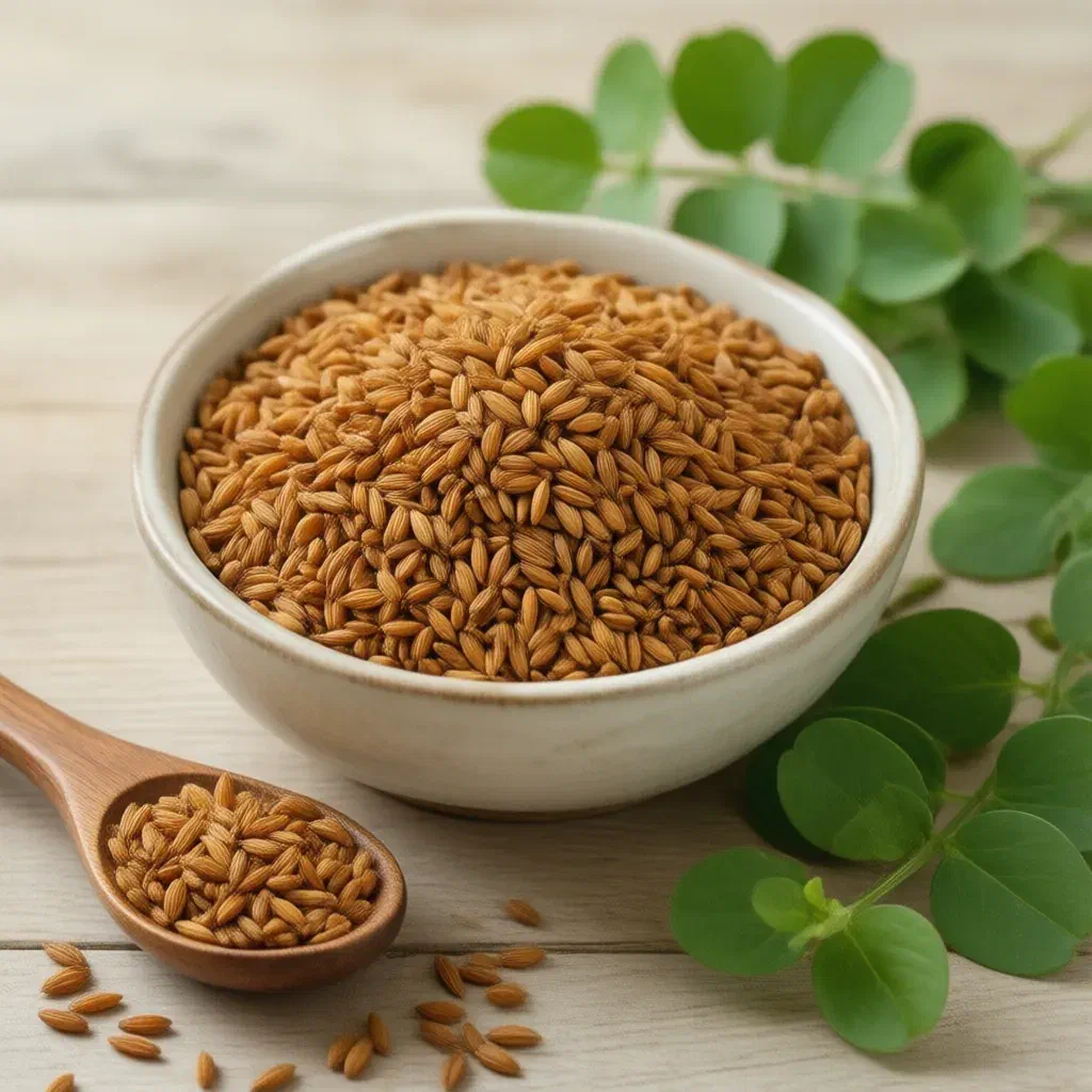 Bowl of amber fenugreek seeds with a wooden spoon and fresh fenugreek leaves on a wooden table