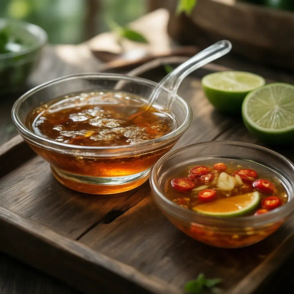 Amber fish sauce in a glass dish beside a chilli, garlic and lime dipping sauce