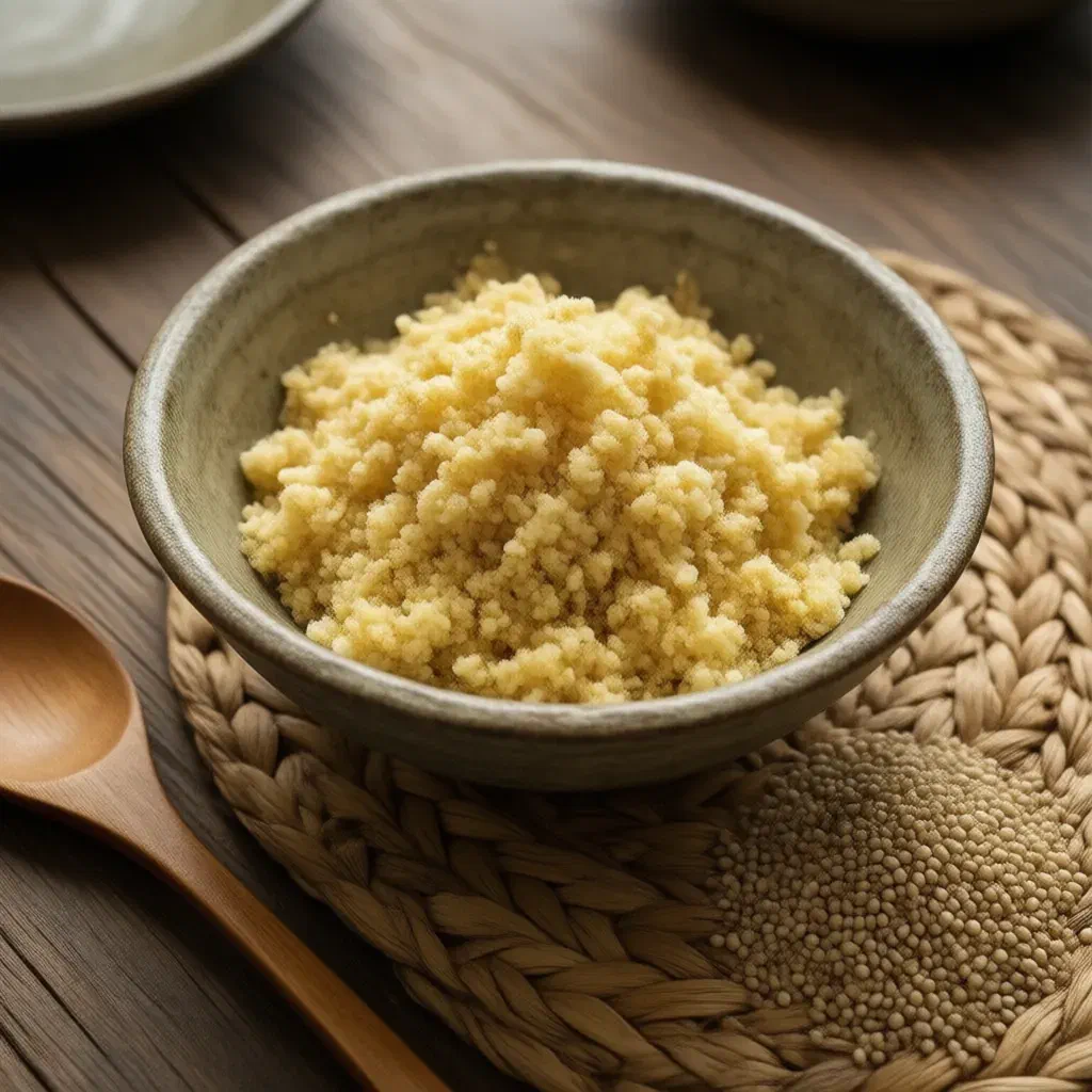 Fluffy cooked fonio in a clay bowl beside a small heap of raw fonio grains on a woven mat