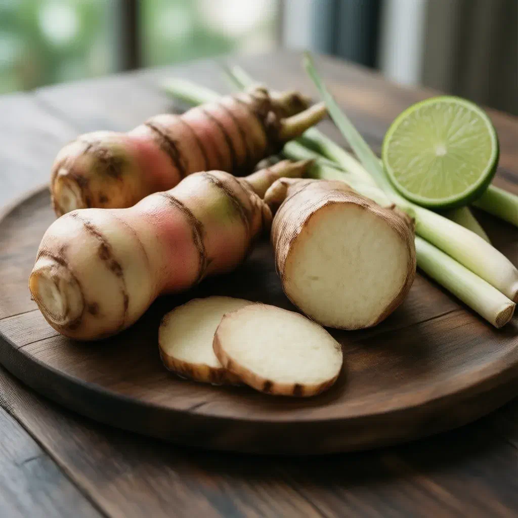 Fresh galangal roots and thin slices on a wooden board with lemongrass and a lime half