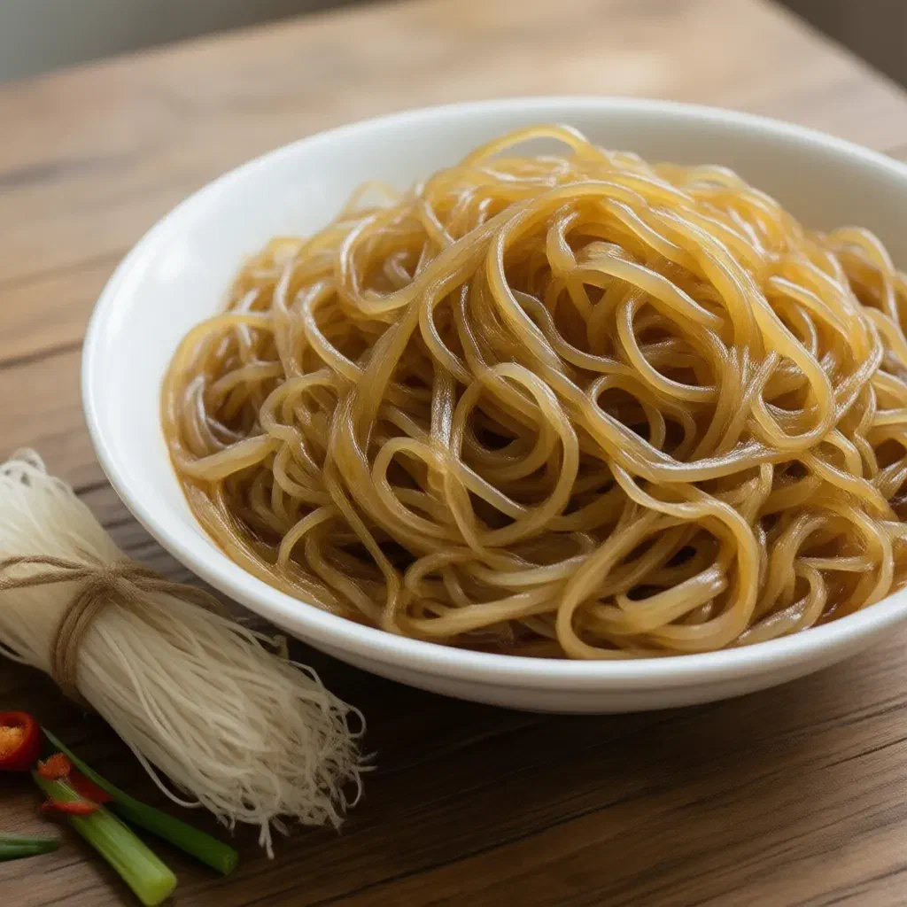 A bowl of shiny translucent glass noodles beside a bundle of dry mung bean vermicelli