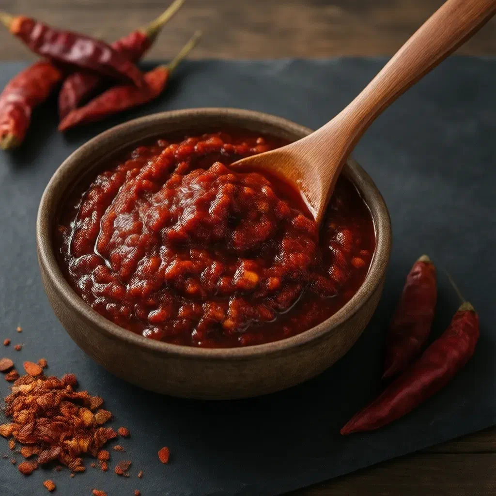 Bowl of thick red gochujang chilli paste with a wooden spoon, dried chillies and chilli flakes