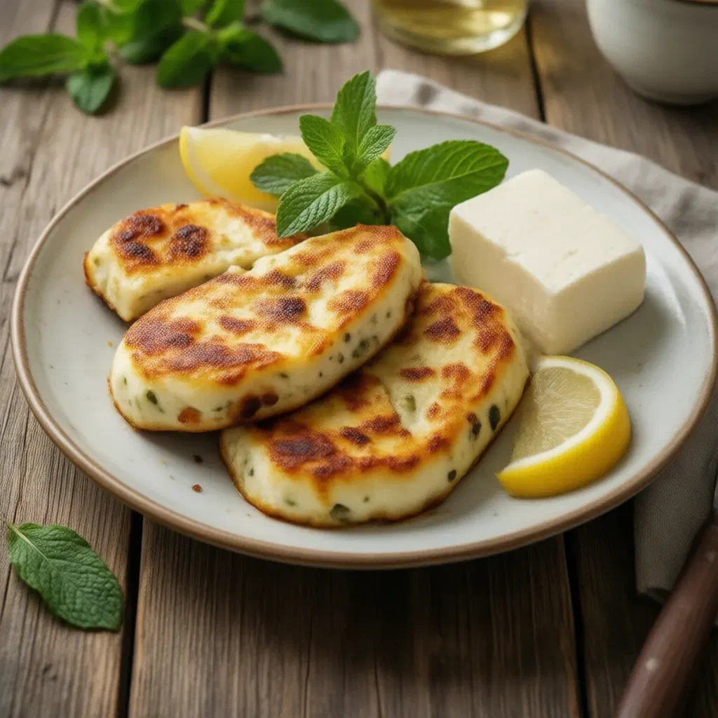 Golden fried halloumi slices with grill marks, fresh mint and lemon, beside a raw block