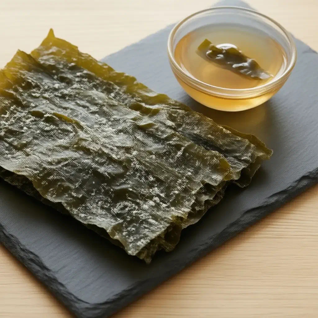 Two sheets of dried kombu on a slate board beside a small glass bowl of golden dashi