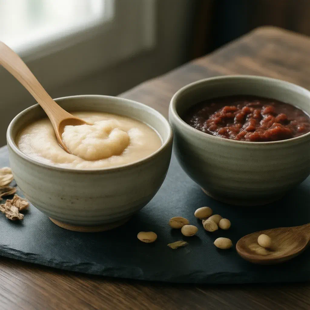 Two bowls of miso, pale white and dark red-brown, with a wooden spoon and dried soybeans on slate