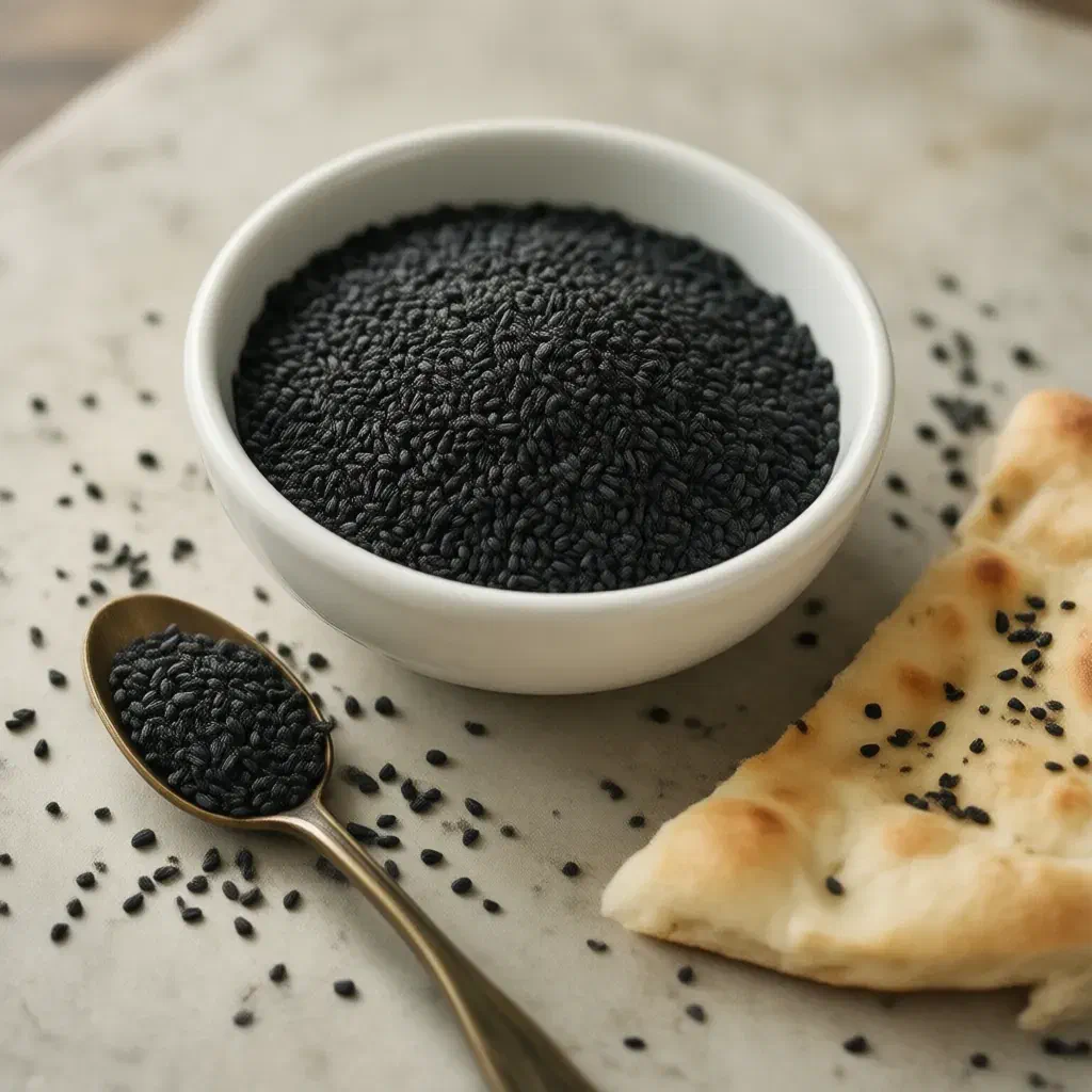 Small black nigella seeds in a white bowl and brass spoon beside flatbread topped with the seeds