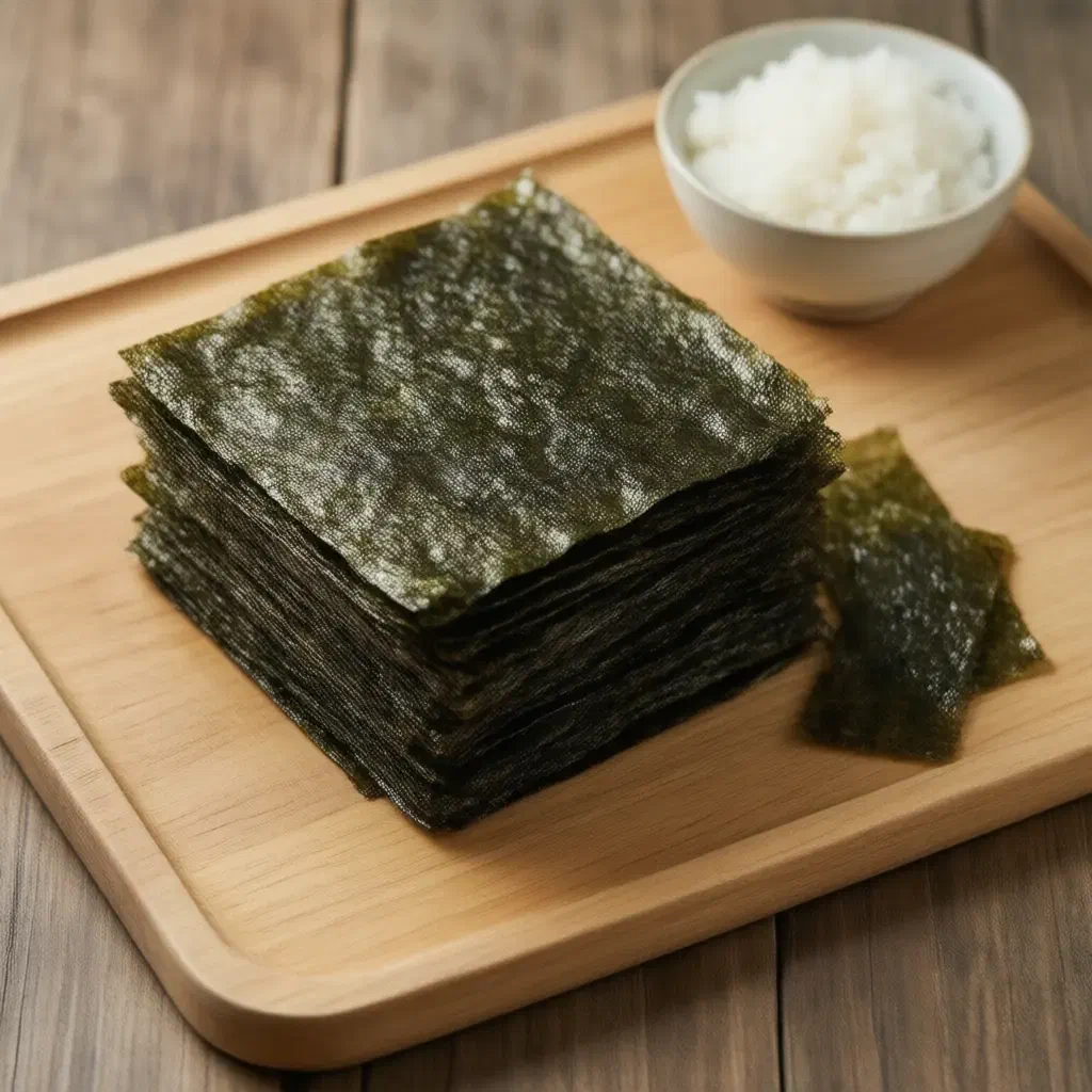 Stack of dark green roasted nori sheets, some cut into strips, beside a bowl of white rice on wood