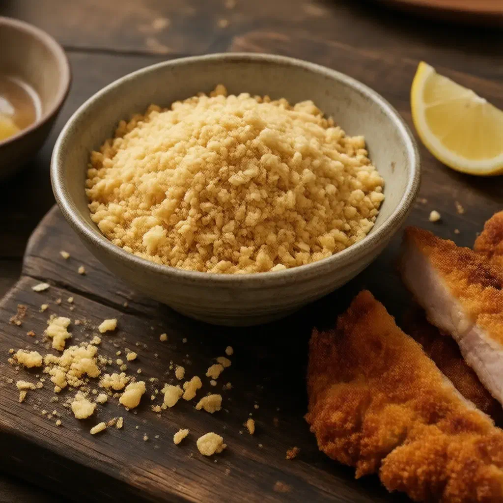 Bowl of coarse golden panko breadcrumbs beside slices of crispy breaded pork cutlet and a lemon wedge