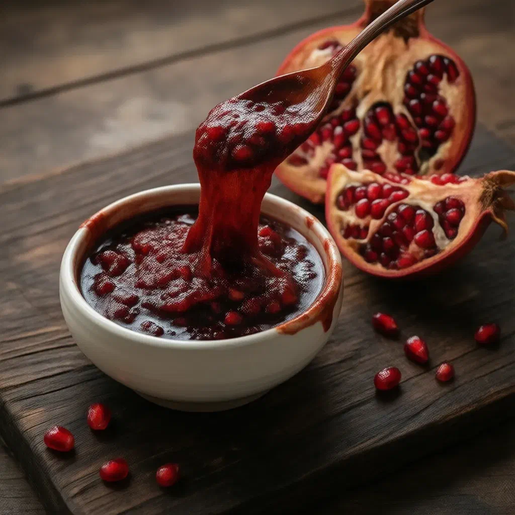 Bowl of dark ruby pomegranate molasses with a spoon, a halved pomegranate and loose seeds