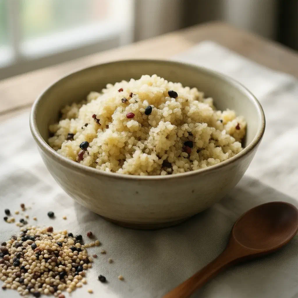 Bowl of fluffy cooked white quinoa with red and black grains, raw tricolour quinoa and a wooden spoon