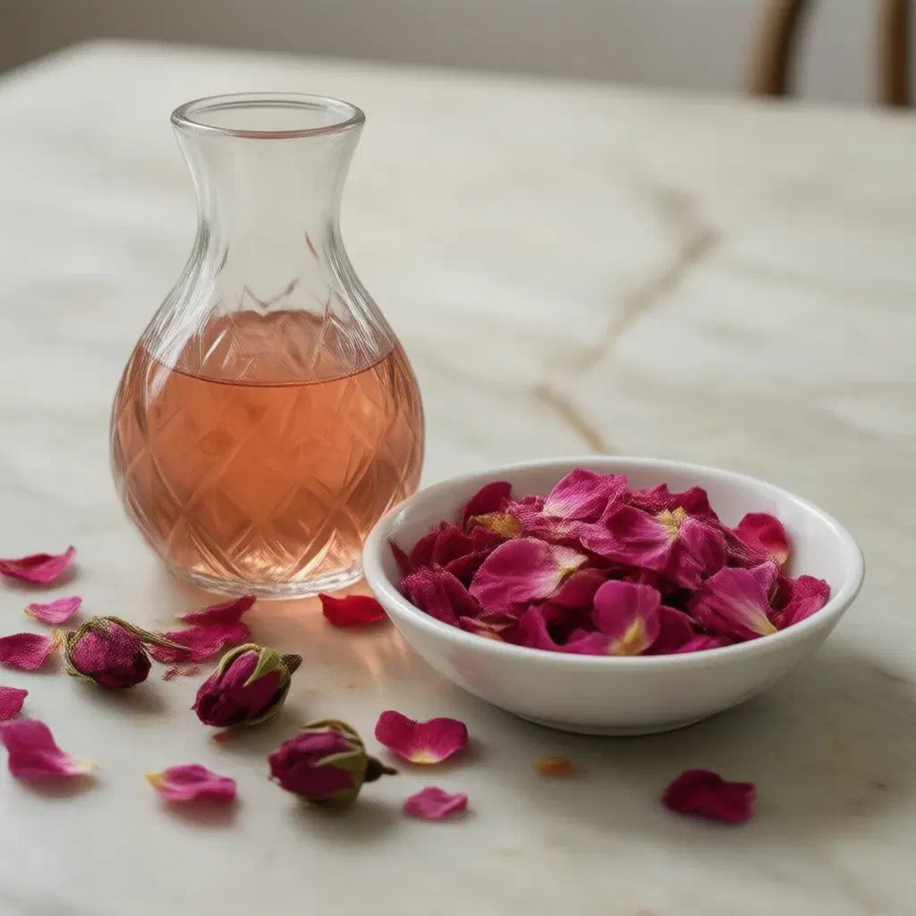 Glass carafe of clear rose water beside a bowl of pink damask rose petals on pale marble