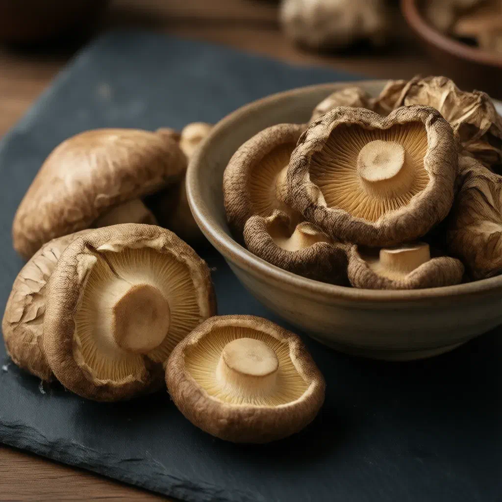 Fresh shiitake mushrooms with brown caps and pale gills beside a bowl of dried shiitake