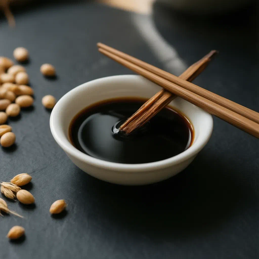 Glossy dark soy sauce in a white dish with chopsticks, soybeans and wheat grains on slate