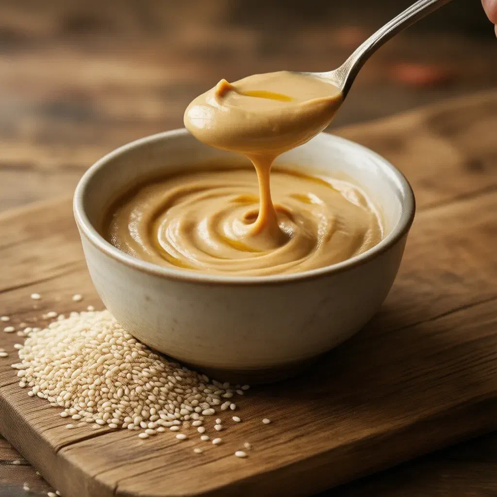 Bowl of creamy beige tahini with a spoon lifting a ribbon, white sesame seeds on a board
