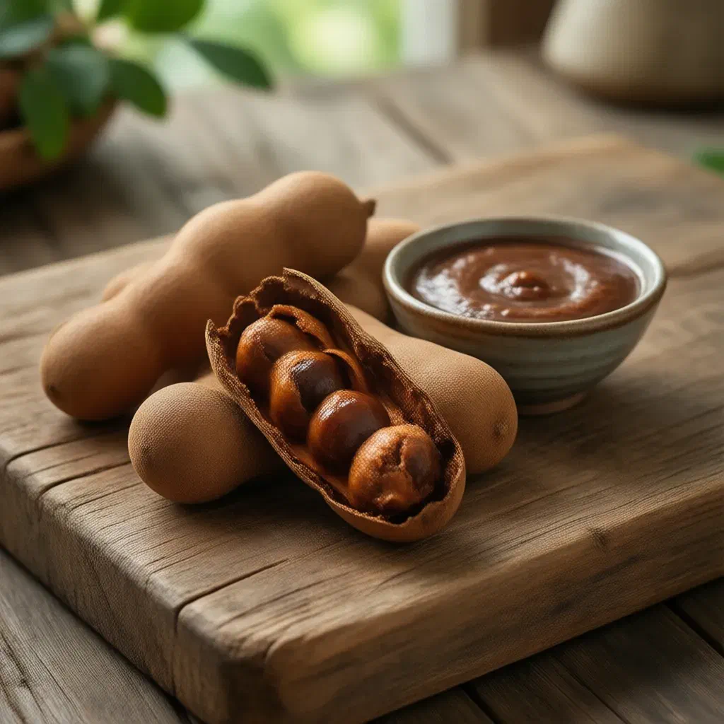 Tamarind pods on a wooden board, two cracked open to show sticky pulp, with a bowl of paste