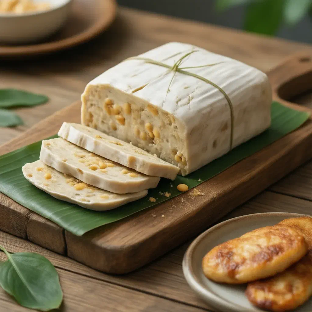 Block of fresh tempeh on a banana leaf with slices, some fried golden brown on a small plate