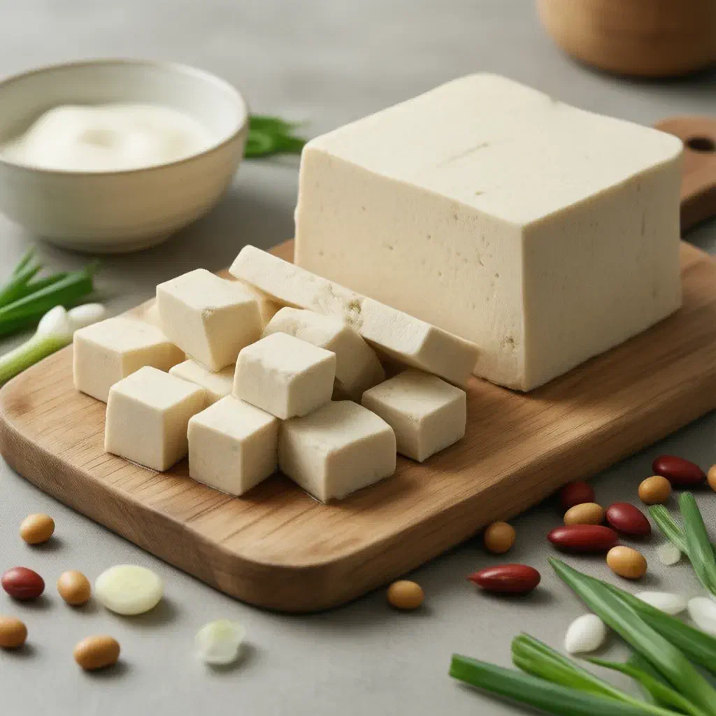 Block of firm white tofu partly cut into cubes, with a bowl of silken tofu and spring onion