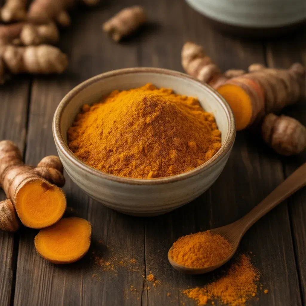 Bowl of ground turmeric beside fresh turmeric roots, one cut open to show orange flesh