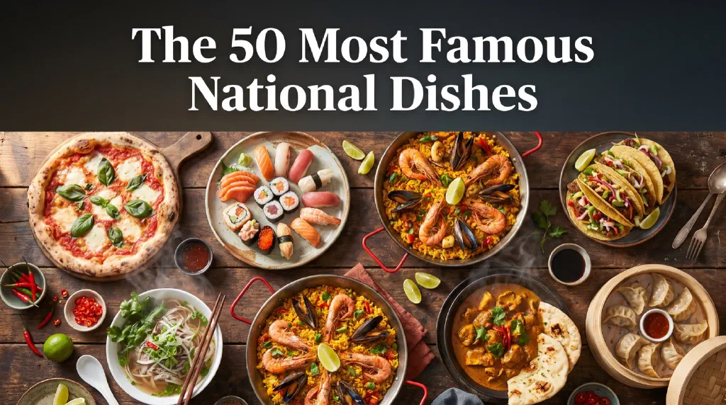 Fifty iconic national dishes from around the world arranged together