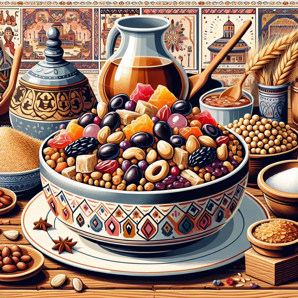 Bowls of ashure topped with nuts, dried fruit and cinnamon