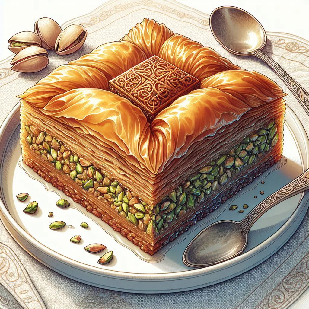 Golden diamond-cut baklava layered with walnuts and glazed with syrup