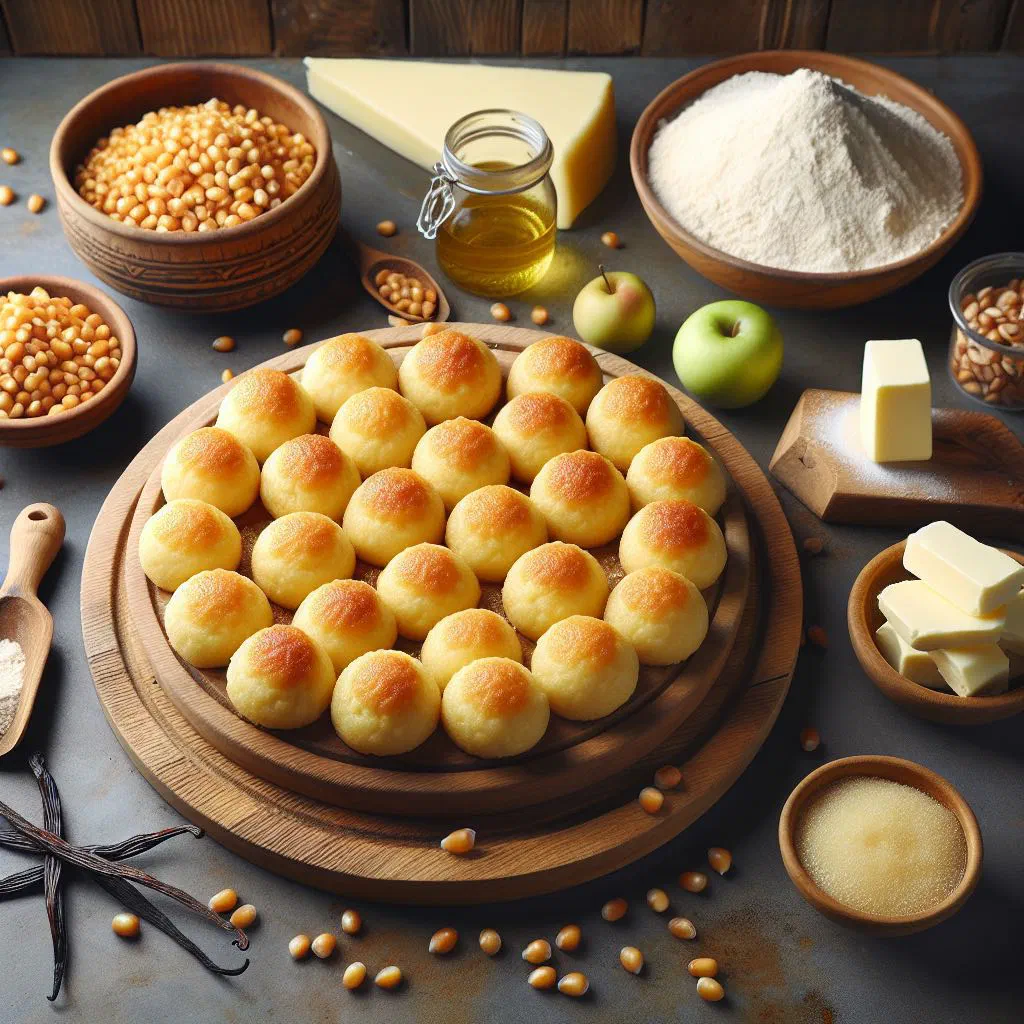 Golden Albanian ballokume cookies arranged on a plate