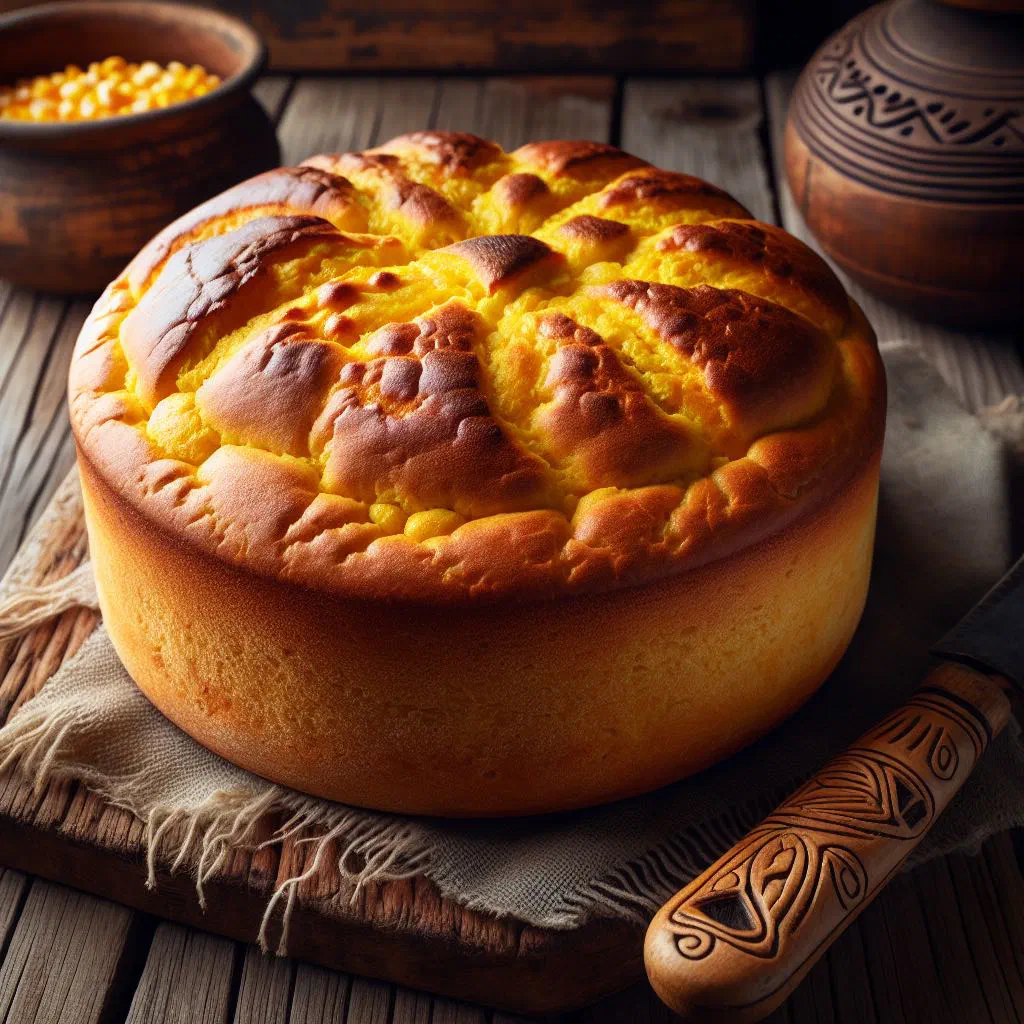 Golden-crusted Albanian cornbread sliced on a rustic wooden board