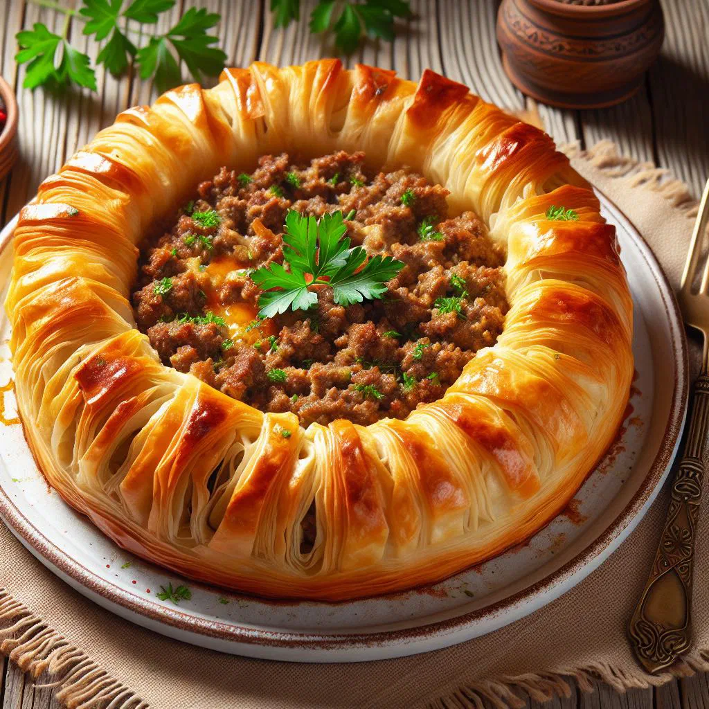 Golden baked Albanian byrek me mish parcels with a spiced meat filling