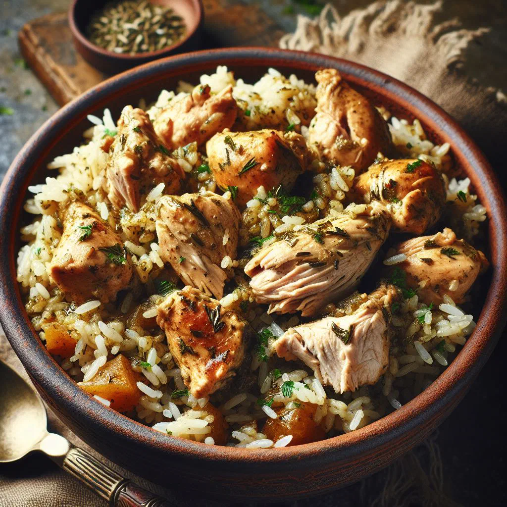 Albanian chicken with rice garnished with fresh parsley in a bowl