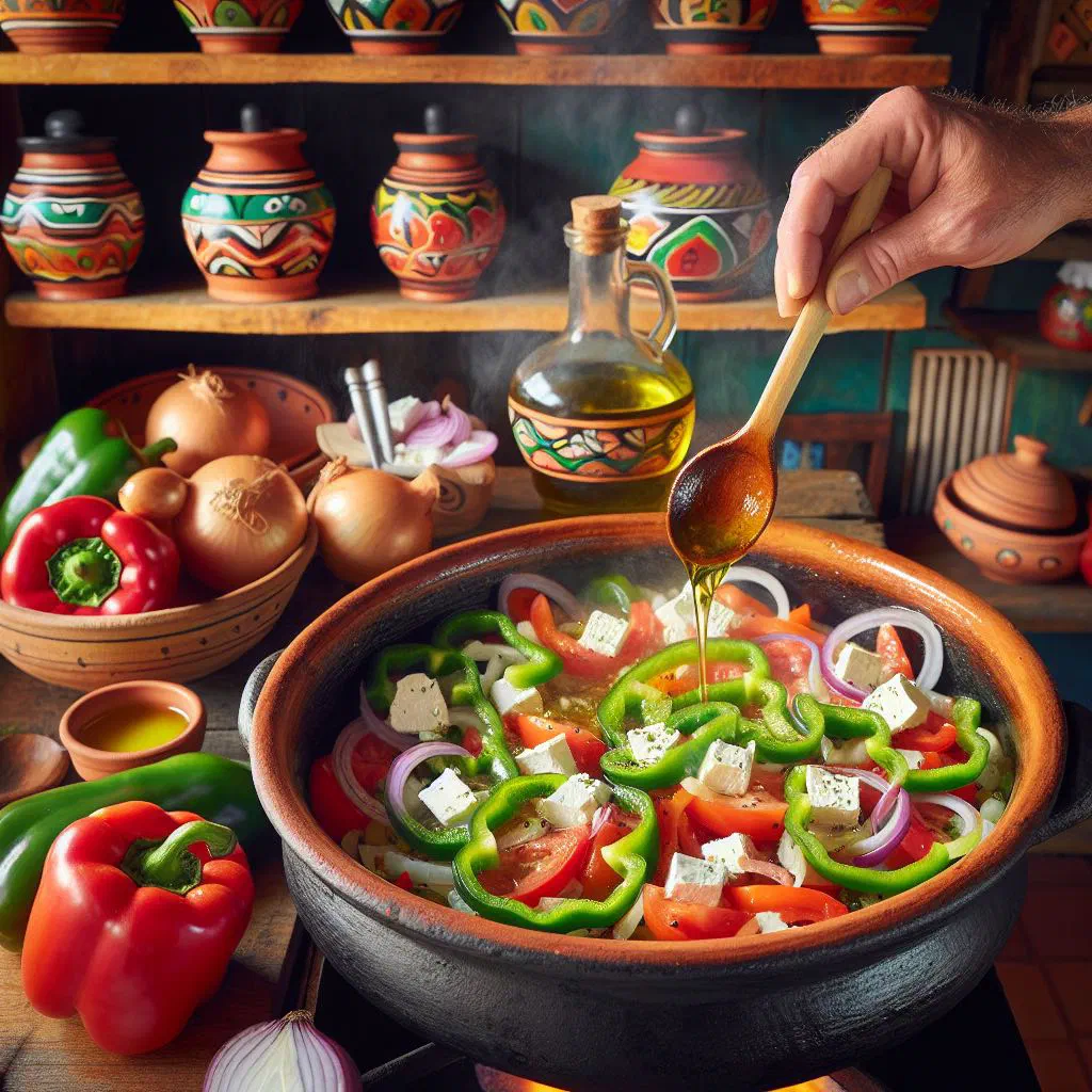 Baked Albanian fërgesë me djathë with peppers and creamy fresh cheese